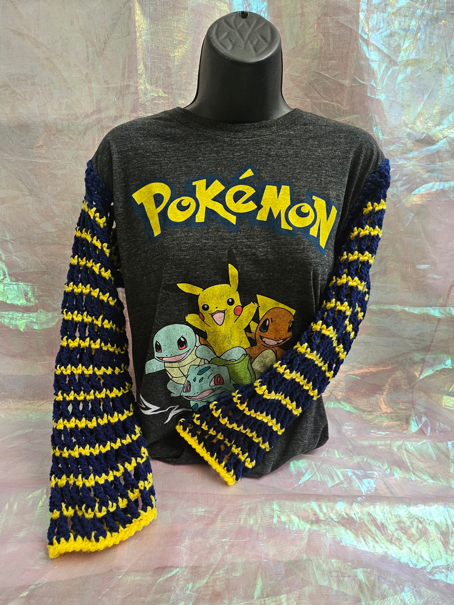 Upcycled pokémon Tshirt with crochet sleeves