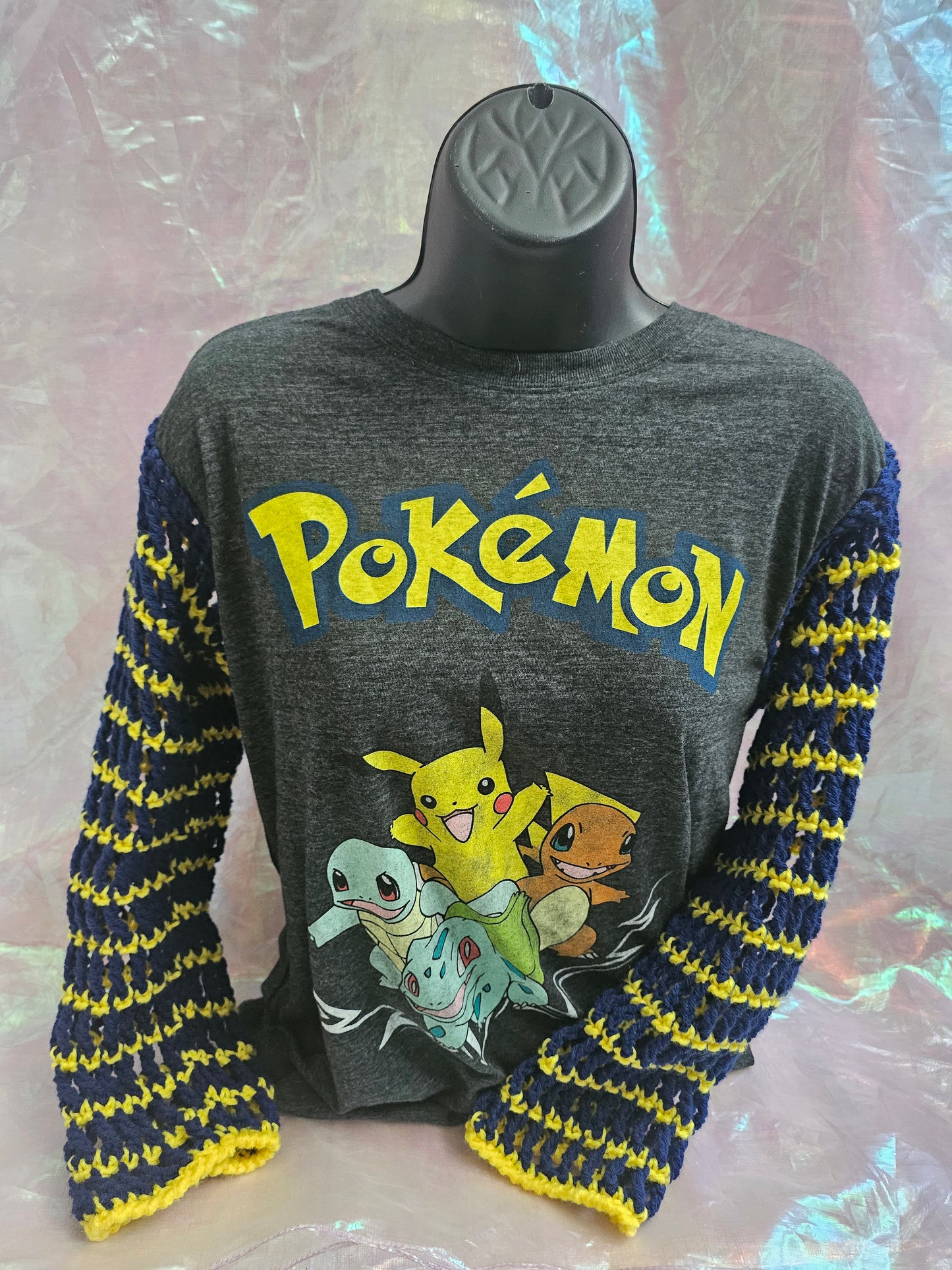 Upcycled pokémon Tshirt with crochet sleeves